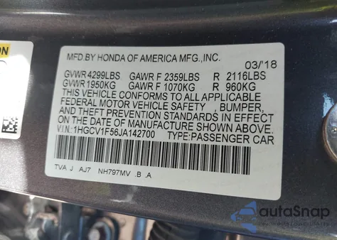 2018 Honda Accord Ex-L из США, поврежденный, VIN 1HGCV1F56JA142700